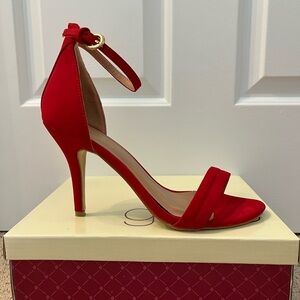 Stiletto High Heel Ankle Strap Sandal. Size 7.5. Color: Red. Material: Suede.